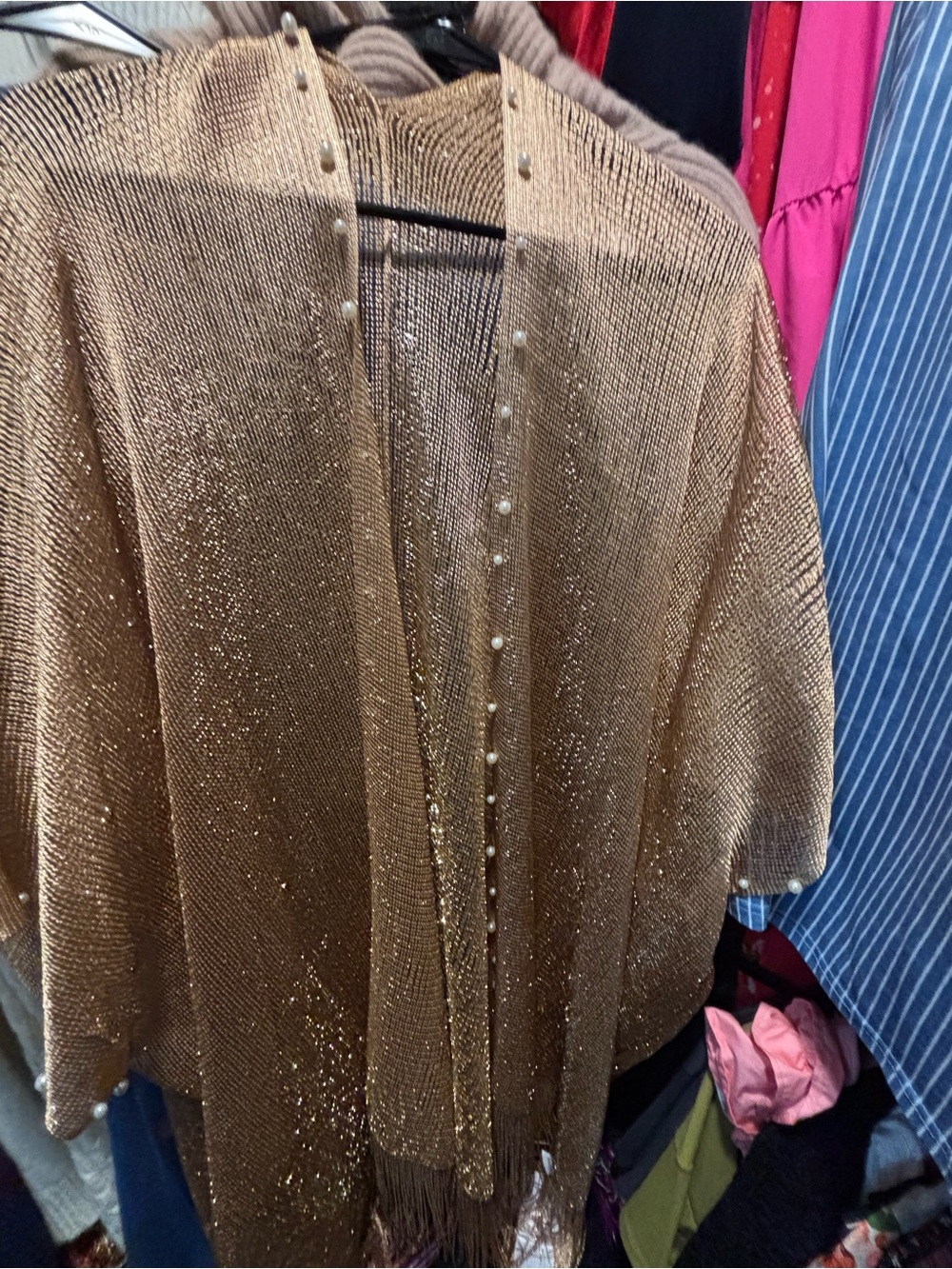 Gold Metallic Knit Women's Sweater Cardigan with Pearl Trim